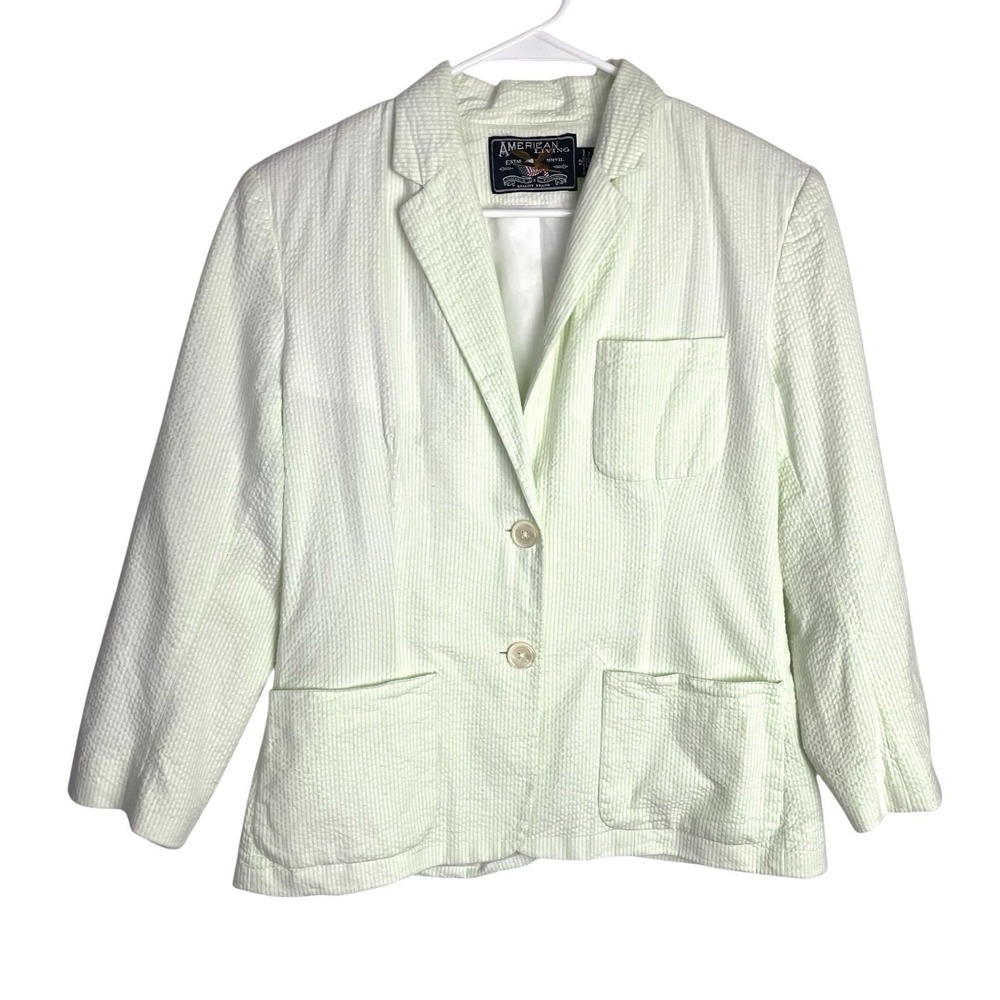 American Living Womens Seersucker Blazer Jacket Size 12 Lime Green Stripe Cotton - Picture 2 of 9